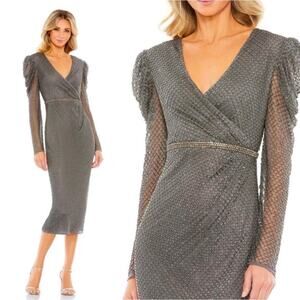 Mac Duggal 93674 V Neck Beaded Wrap Over Puff Sleeve Dress Gray Silver Size 4